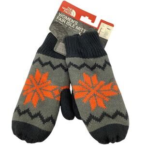 The North Face Women's M/L Gray Orange Fair Isle Fleece Lined Mittens G26-5